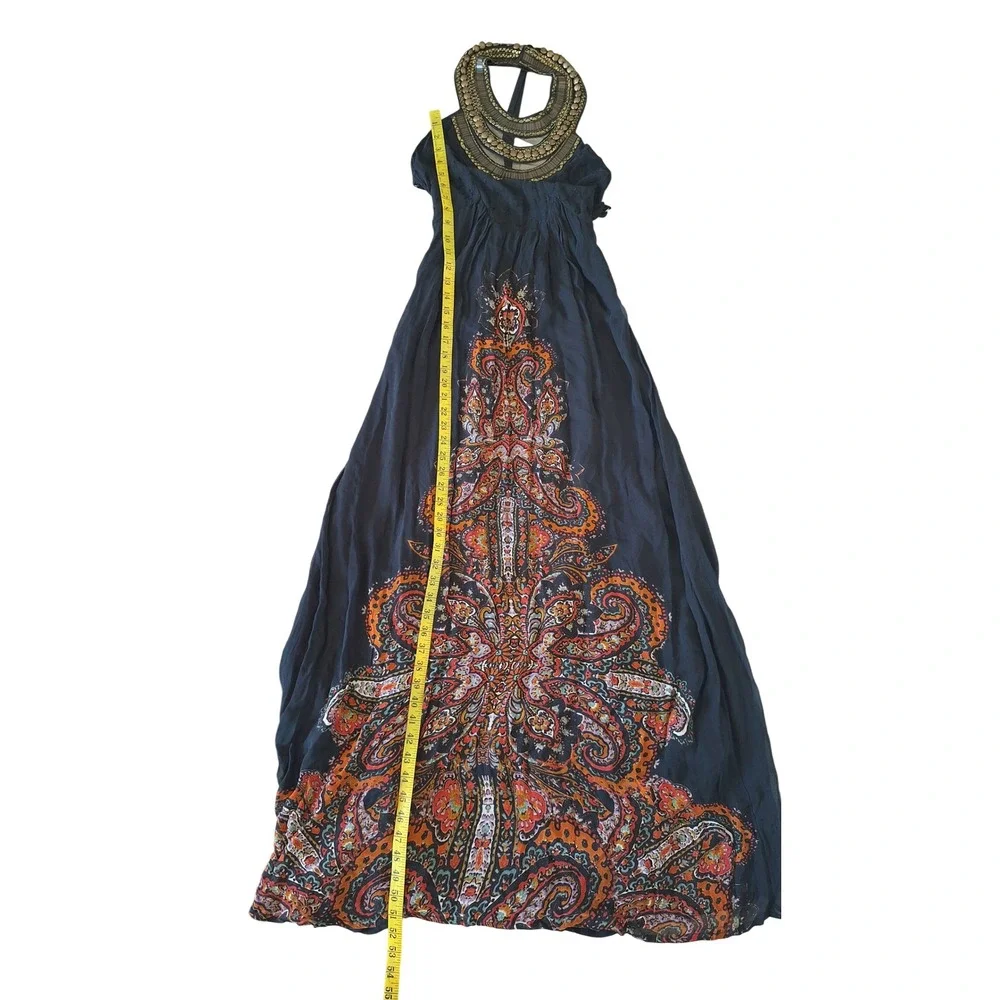 Free People Navy Blue Paisley Embellished Halter Maxi Dress Size 2 Boho Star